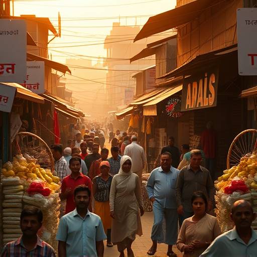 A bustling marketplace in a South Asian city, depicting economic activity.