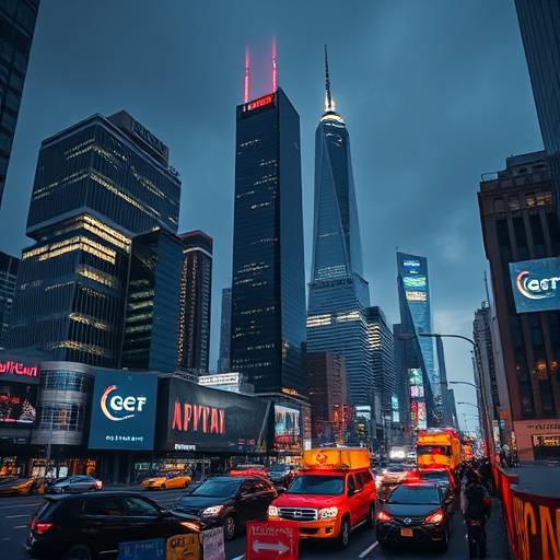 A cityscape with towering skyscrapers and a busy street, representing global economic trends.