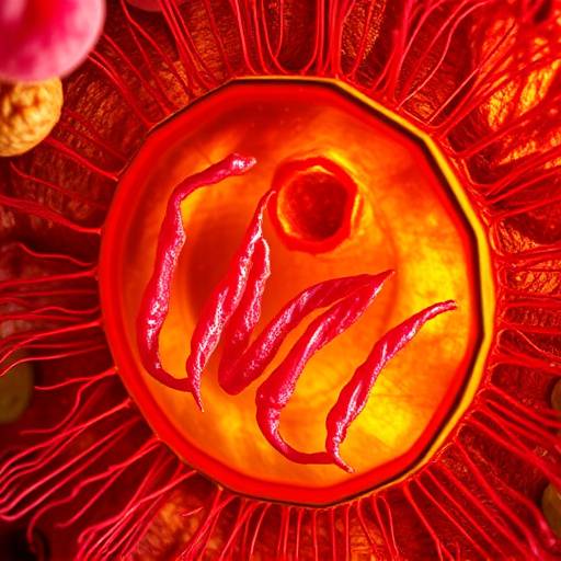 A close-up microscopic view of a vibrant, healthy human cell with intricate internal structures.