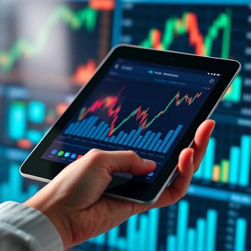 A close-up of a hand holding a digital tablet displaying complex financial charts, representing economic analysis.
