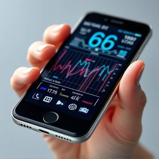 A close-up of a sleek, transparent smartphone displaying complex data visualizations.