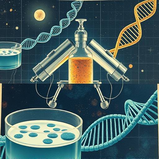 A collage of images: a glowing Petri dish, a telescope observing the night sky, and a DNA helix.