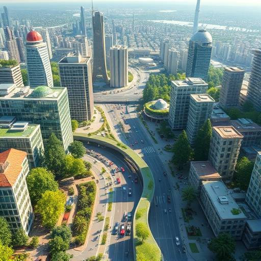 A conceptual image of a sustainable city with green spaces, efficient transport, and renewable energy sources, representing urban development.