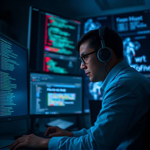 A cybersecurity analyst looking at complex code on multiple monitors in a dimly lit room.