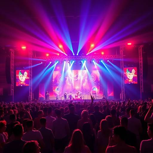 A dynamic music festival stage with a massive crowd and colorful lights.