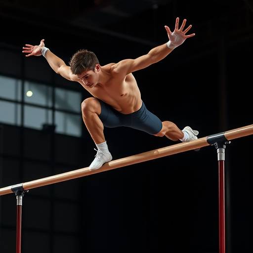 A focused male gymnast performing a complex move on the parallel bars.