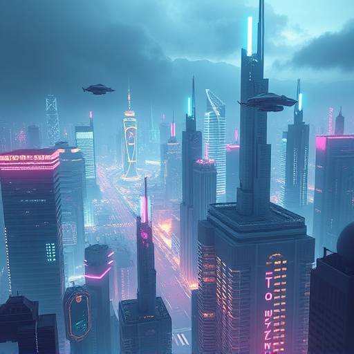 A futuristic cityscape with glowing holographic advertisements and flying vehicles.