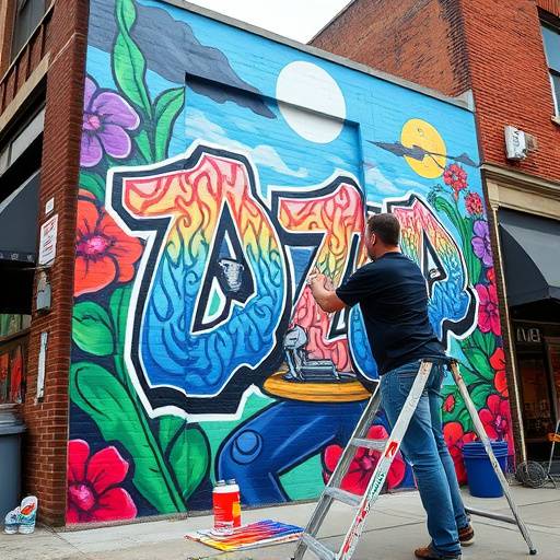 A local artist, David Lee, painting a mural on the side of a building in downtown Willow Creek.