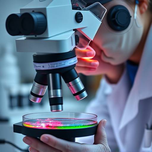 A scientist looking through a microscope at a petri dish, symbolizing medical research advancements.