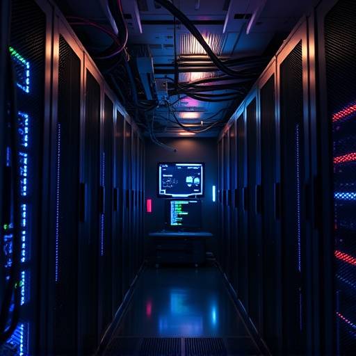 A server room with blinking lights and intricate wiring, representing advanced computing.