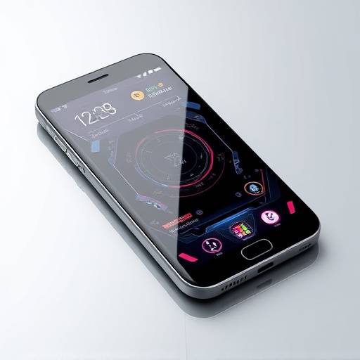A sleek smartphone displaying a futuristic user interface, signifying technological innovation.