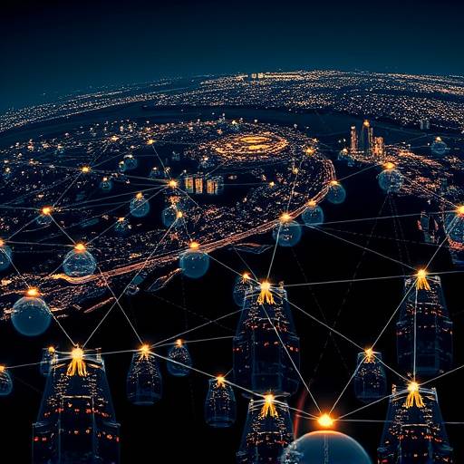 A symbolic image of interconnected global cities with glowing lines, representing international relations.
