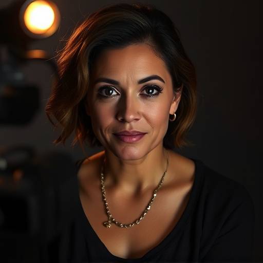 A thoughtful portrait of director Maya Dubois in a dimly lit studio.
