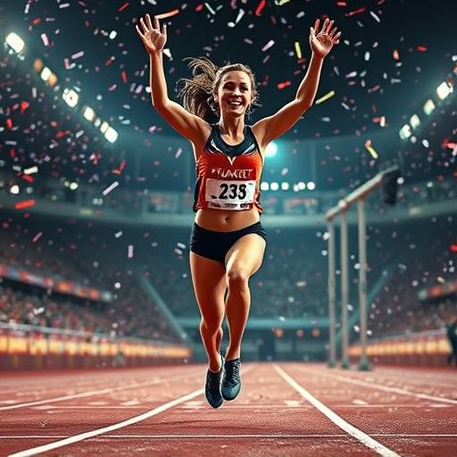 A triumphant female sprinter crossing the finish line with confetti falling.
