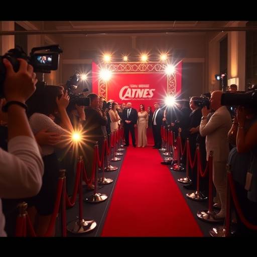 A vibrant movie premiere red carpet with flashing cameras and stylish celebrities.