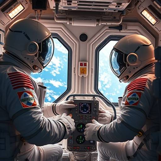 Astronauts conducting an experiment on the International Space Station.