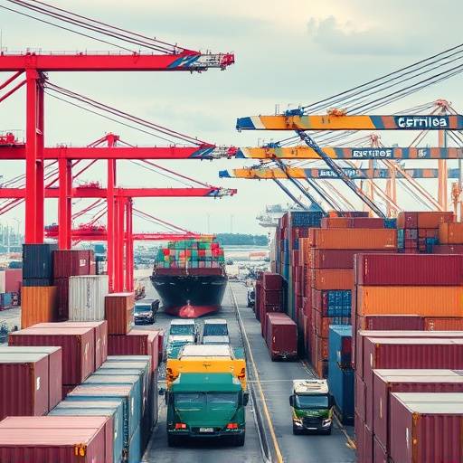 Busy shipping port with cargo containers