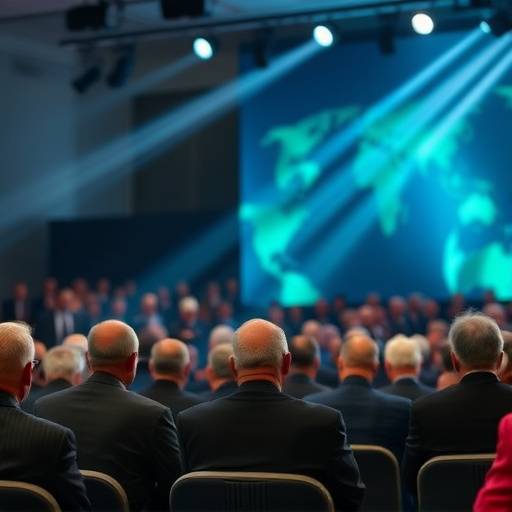 Global leaders meeting at an international summit discussing climate change strategies.