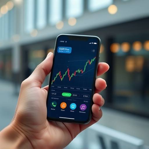 Hand holding a smartphone showing a stock trading app