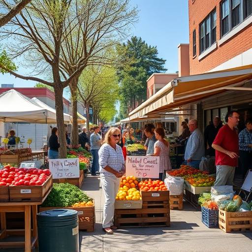 Image of a busy street scene in Willow Creek during a farmers market.