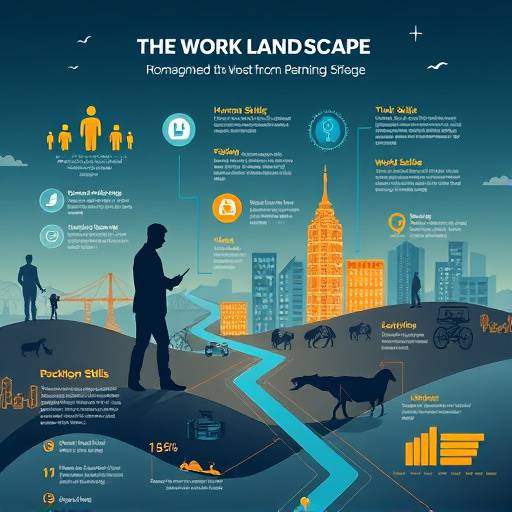 Infographic illustrating the changing landscape of work, showing a balance between human skills and technological integration. It features icons for creativity, problem-solving, AI, and robotics.