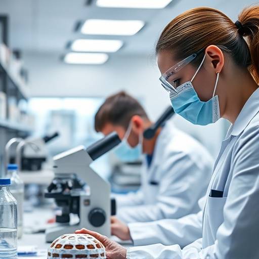 Medical researchers in a laboratory examining genetic data.