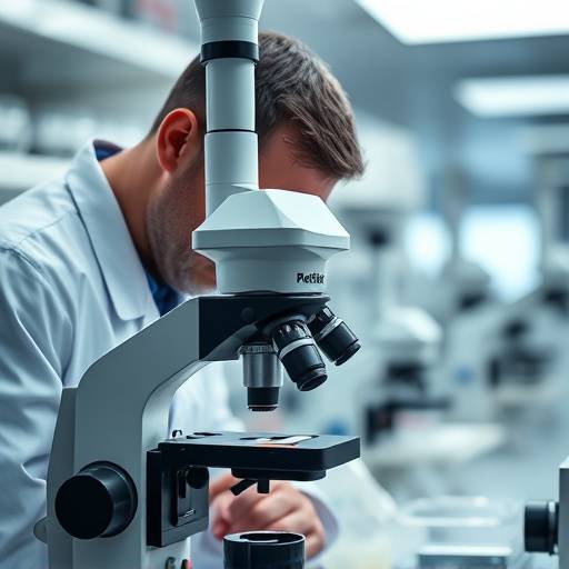 Scientist examining a microscope in a modern laboratory