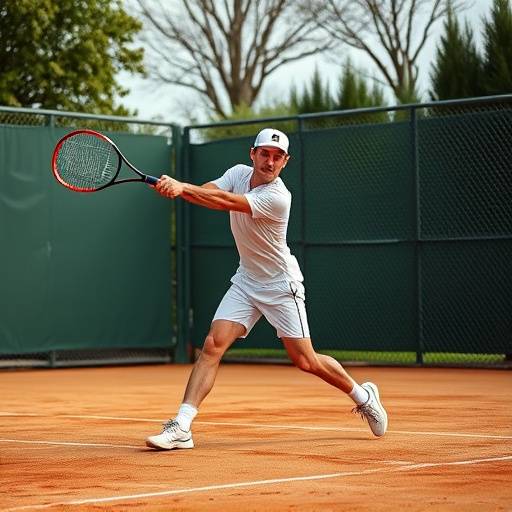 Tennis player hitting a powerful forehand shot on a clay court.