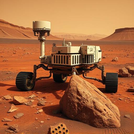 The Mars Perseverance rover collecting a rock sample on the Martian surface, with a rocky, red landscape in the background.
